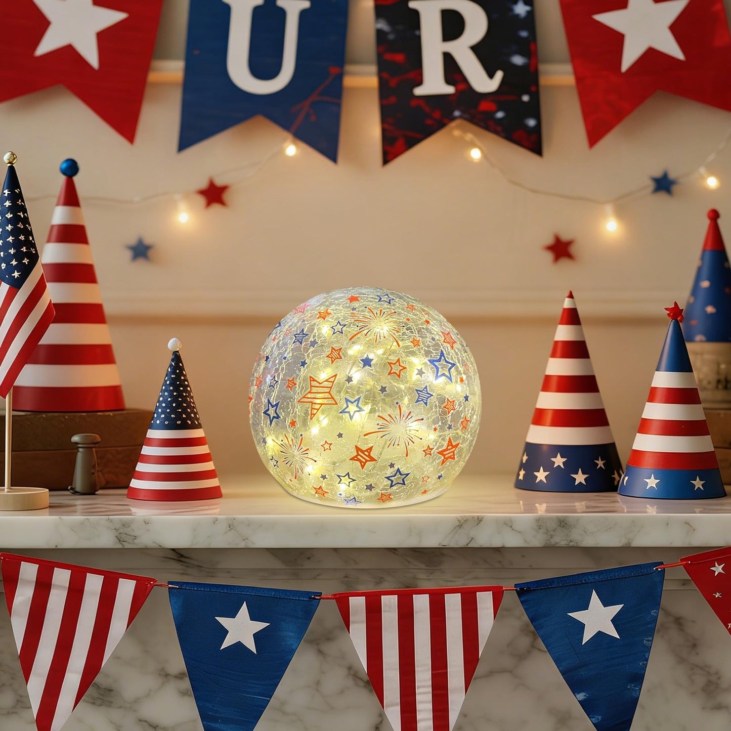 3PCS Independence Day Decorative Lights, 3.93-inch Independence Day Desktop Decoration LED Night Light, Cracked Glass Ball Light with Timer, 4th of July Decorations (Fireworks Pattern)