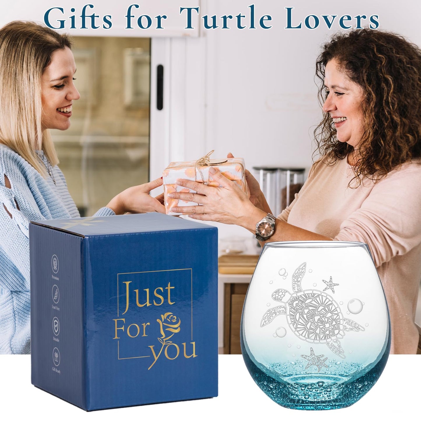 Sea Turtle Stemless Wine Glass - 19oz Hand-blown Blue Bubble Base Glassware-Unique Birthday Gifts for Women & Turtle Lovers-Coastal Ocean Decor for Beach House & Parties-Gift Box Included(Bubbly Teal)