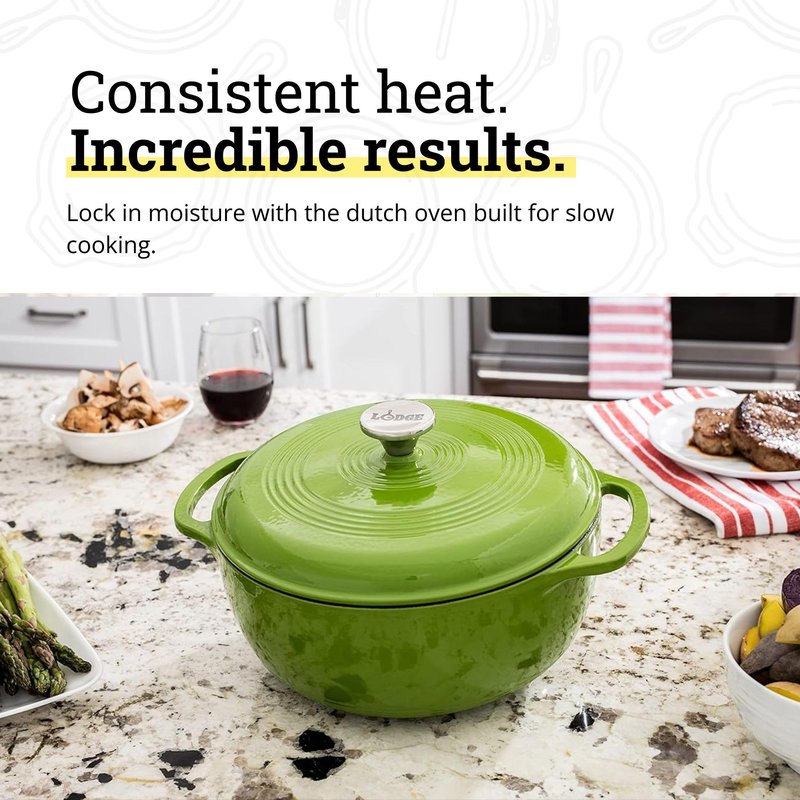 Lodge Essential Enamel Cast Iron Dutch Oven 6 Quarts - Perfect for Bread Baking, Braising, Marinating & Slow Cooking, Features Moisture-Sealing Lid & Dual Handles, Kitchen Essentials, Avocado