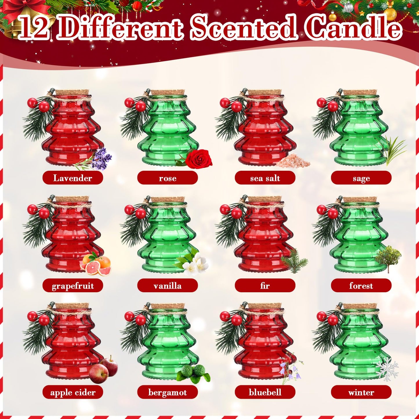 Lounsweer 12 Pcs Christmas Tree Scented Candles Gift Set, Include 12 Fragrances Aromatherapy Scented Soy Wax Candle with Mistletoe for Women Christmas Presents Stocking Stuffers Xmas Decorations