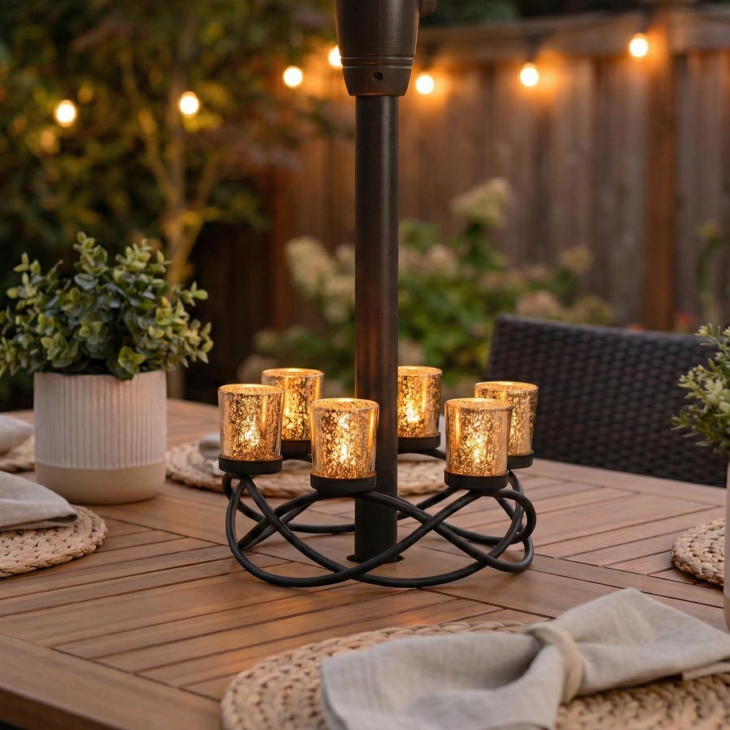 Seraphic Centerpieces for Table Decorations - Round Candle Holders for Outdoor Patio, Dining, Kitchen, Coffee & Wedding Table Decor, Black Iron Candelabra, 6 Gold Glass Votive Tealight Cups