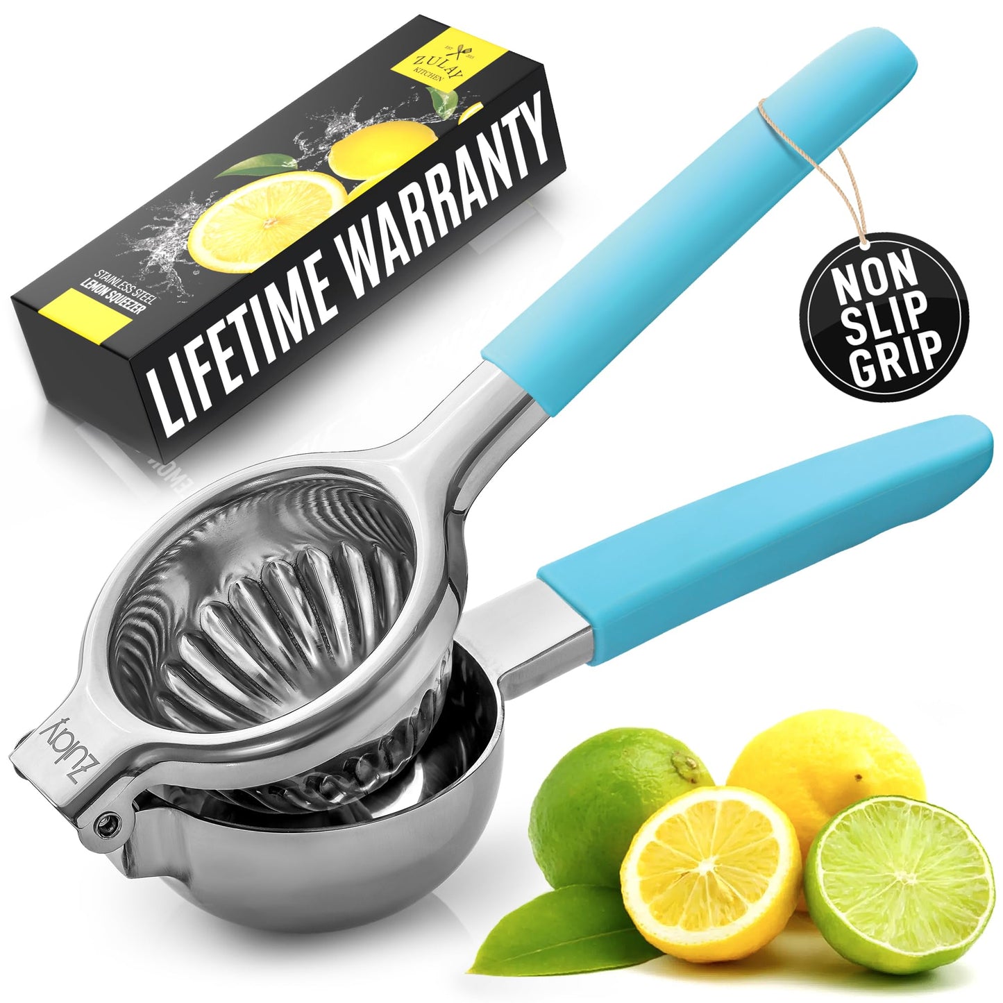 Zulay Lemon Squeezer Stainless Steel with Premium Heavy Duty Solid Metal Squeezer Bowl (Black Grip, Large)