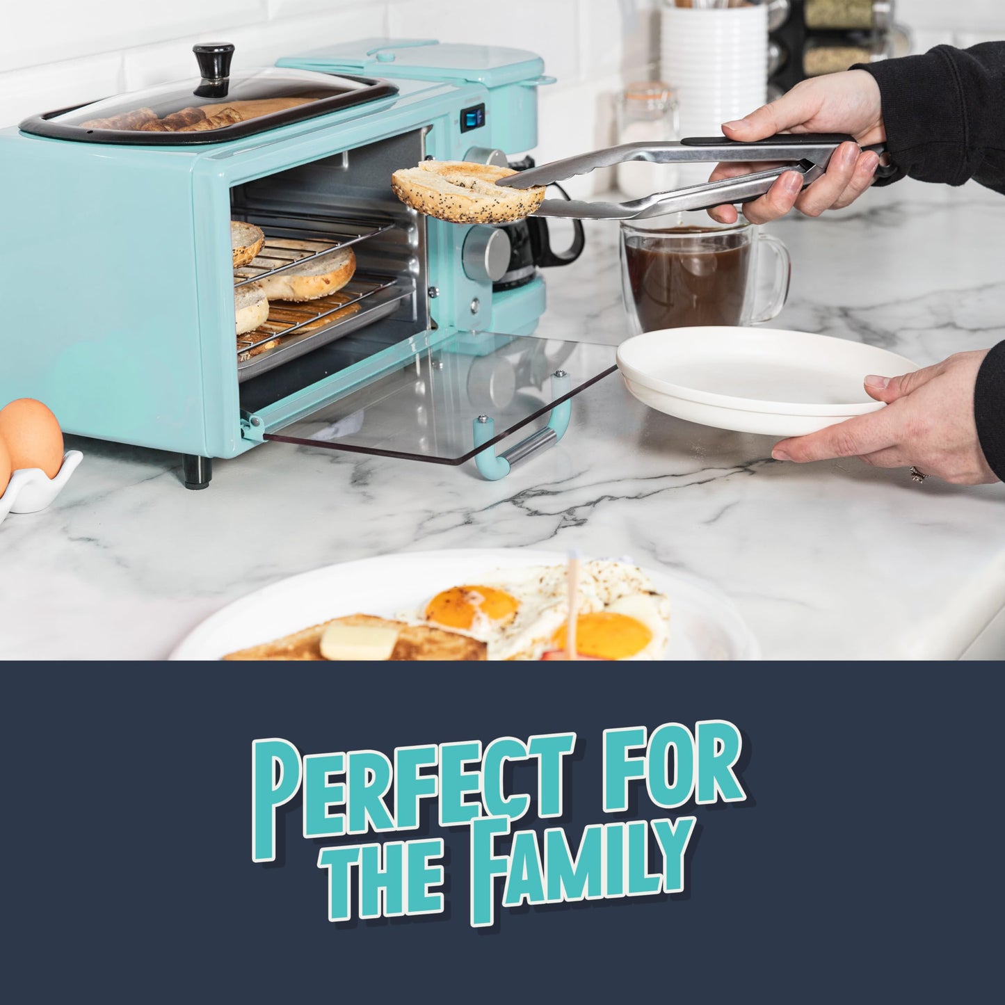 Nostalgia 3-in-1 Breakfast Station - Includes Coffee Maker, Non-Stick Griddle, and 4-Slice Toaster Oven - Versatile Breakfast Maker with Timer - Aqua