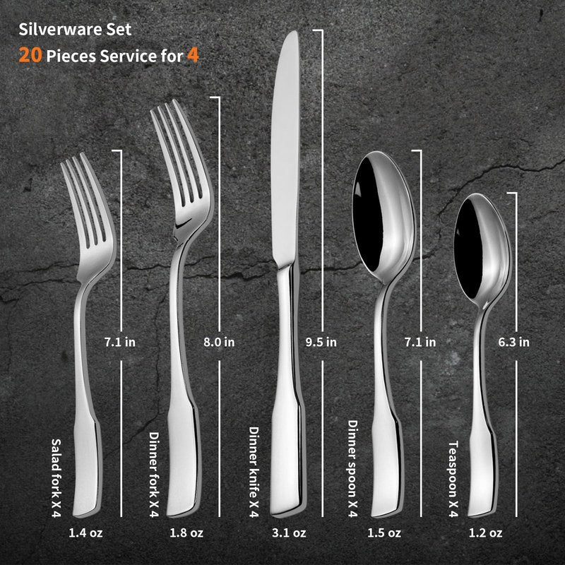 Alata Kate 20-Piece Silverware Set Stainless Steel Flatware Set,Service for 4,Mirror Polished Cutlery Set,Dishwasher Safe