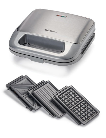 Betty Crocker 3-in-1 Indoor Grill, Sandwich/Panini Press & Waffle Maker Plus, Electric Grill Indoor with Interchangeable Non-Stick Plates, 750 Watts, BC-4965S, Silver