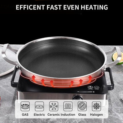 DELARLO Paella Pan 14 Inch Tri-Ply Stainless Steel Paella Pan with Lid Nonstick Frying Pan, Hybird Induction Large Skillets,Great for Paella Parties Indoors Outdoors,Heavy Duty Style