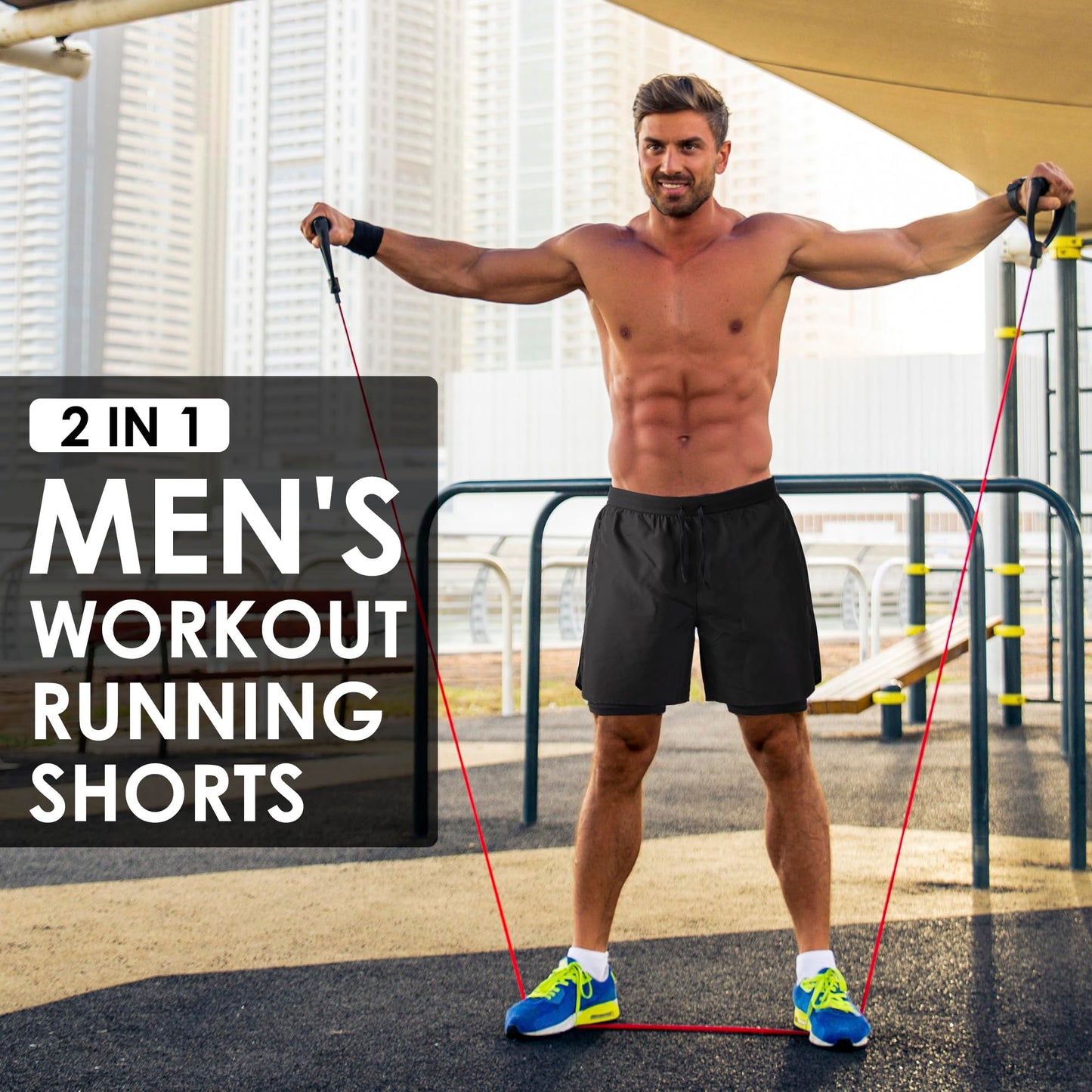 NIMOJIRO Men's 2 in 1 Running Shorts Workout Athletic Shorts Outdoor Sports with Liner Lightweight Training Yoga Gym Shorts with Phone Pockets Black L