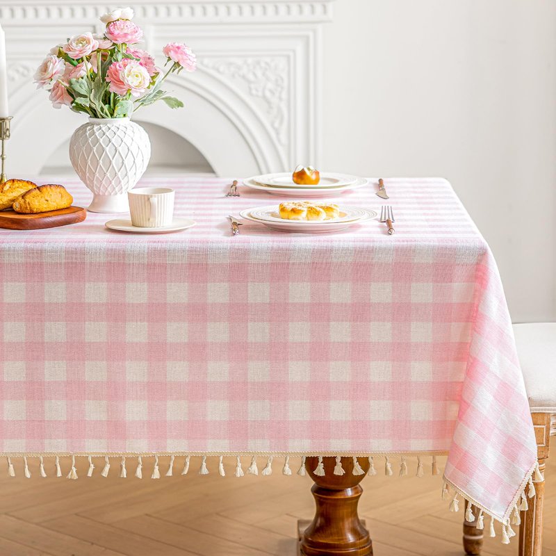 NALVXIN Checkered Tablecloth Rectangle Cotton Linen Gingham Table Cloth with Tassel Washable Wrinkle Free Heavy Duty Buffalo Plaid Table Cover for Dining/Party/Picnic (Pink, 55" x 55" (Square))
