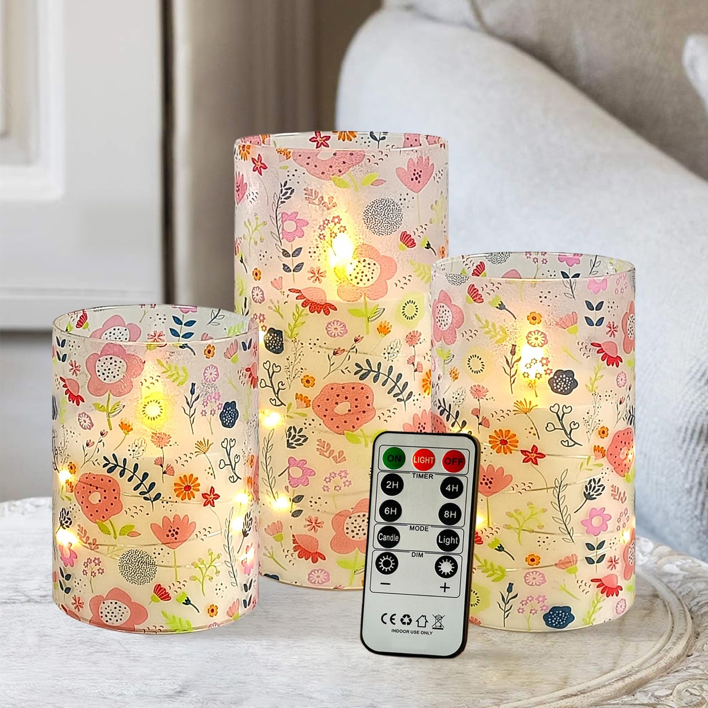 NjaoHoo Floral Flickering Flameless Candles, Recessed String Light LED Candles 3D Wick Acrylic Battery Operated LED Pillar Candles with Remote and Timer for Spring Decor Set of 3(Cute Floral)