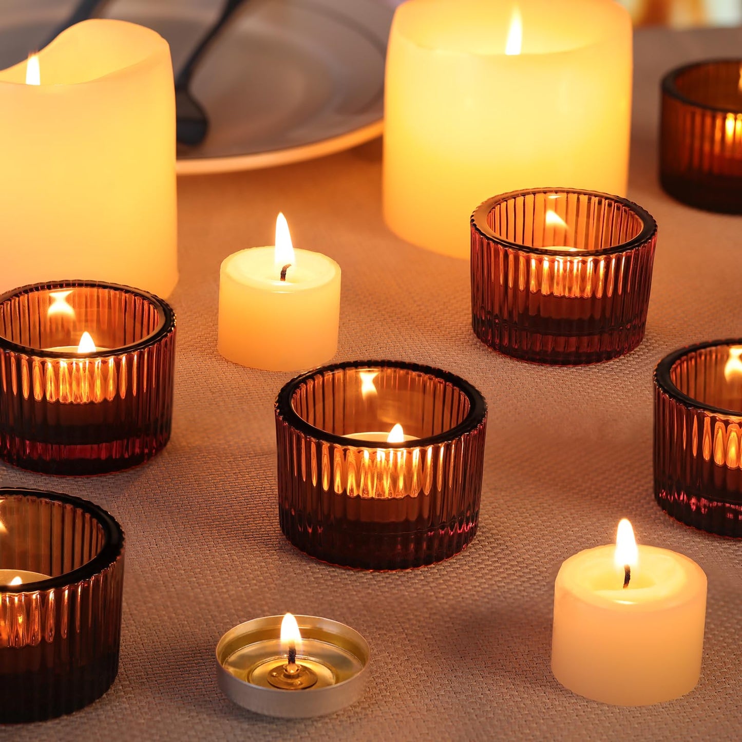 Lanttu Tealight Candle Holder Set of 12, Amber Small Votive Candle Holders for Table Centerpiece,Glass Tea Light Candles Holder for Party&Home,Wedding Decor