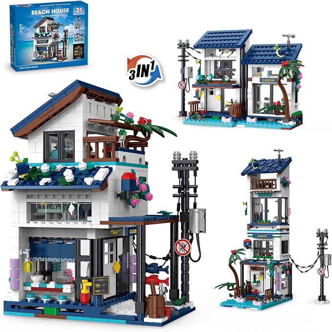 3 in 1 Beach House Building Set Compatible with Lego Friends Seaside Villa Construction Educational Toy with Light Birthday Gift for Kids Girls Aged 8-12 (813 PCS)