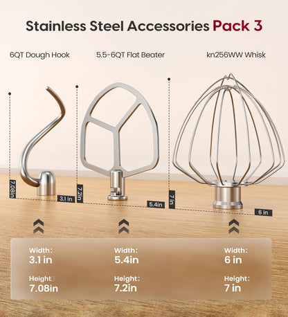 Stainless Steel Accessories 3 Piece Kit for KitchenAid 5.5 and 6 Quart Lift-Up Stand Mixers, Includes 5.5-6QT Flat Beater, Dough Hook, KN256WW 6-Wire Whisk for Kitchen Aid Attachments & 6 Qt Bowl