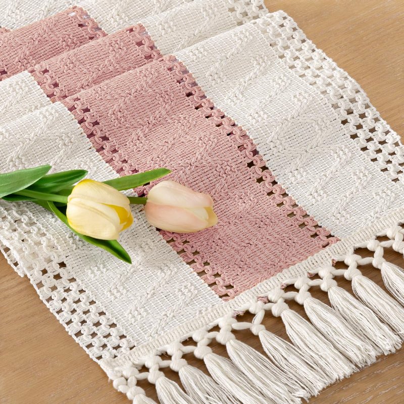 Socomi Boho Table Runner Easter Spring Farmhouse Rustic Dining Kitchen Centerpiece Decor Small Macrame Woven Cotton Linen Coffee Table Runner for Dresser Scarf Home Decor 12x60 inPink Ivory