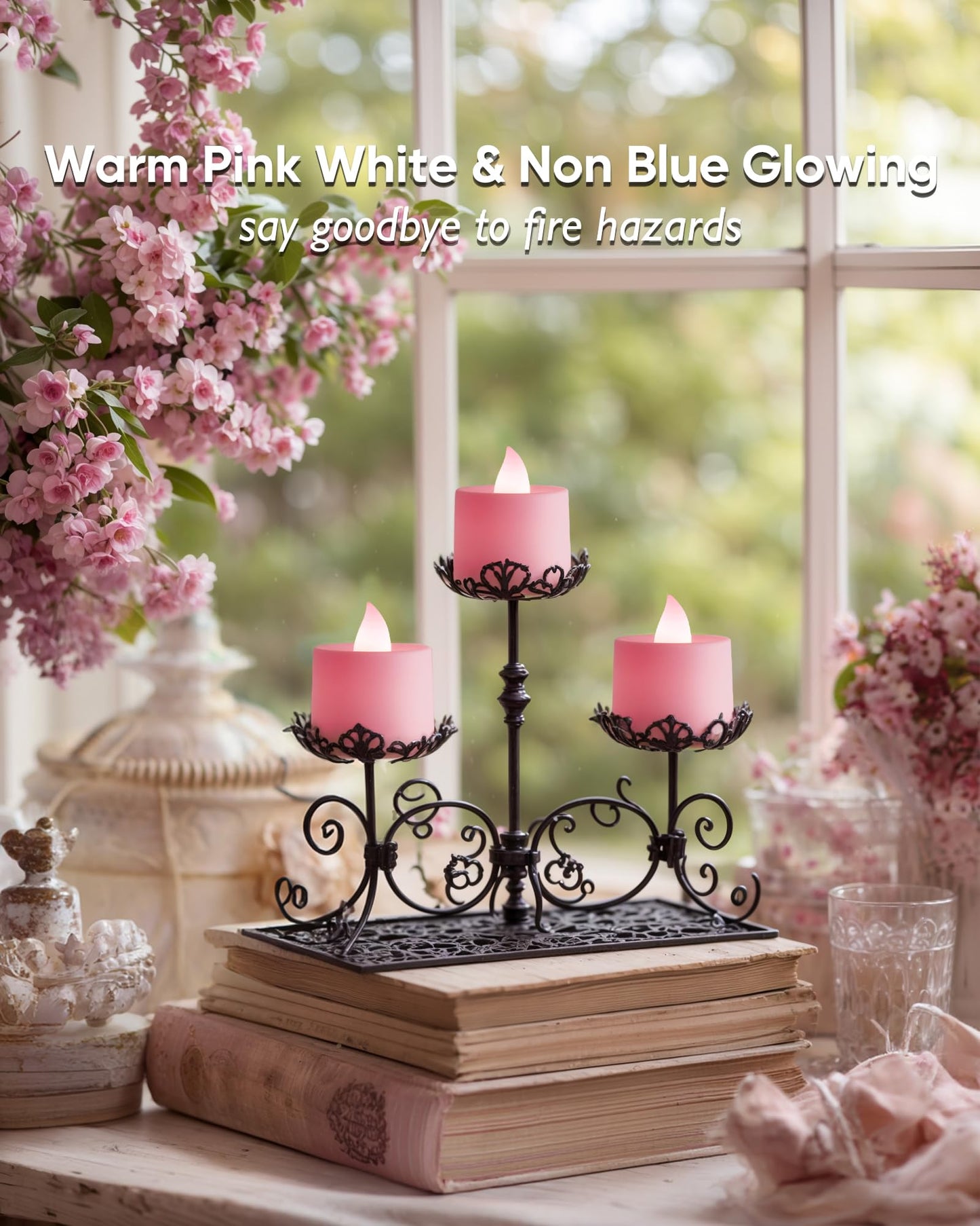 Amagic 24 Pack Pink LED Tea Lights, Flameless Votive Candles, Electric Fake Colored Candles, Battery Operated Tealights Candles for Party, Christmas, Aniversary, Wedding Table Centerpiece, Proposal