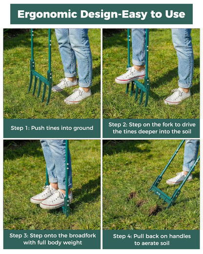 Forvenora Heavy Duty Broadfork Garden Tool, 5-Tine Manual Soil Tiller for Deep Digging & Turning Soil, 54" Long Broad Fork for Farm and Home Garden
