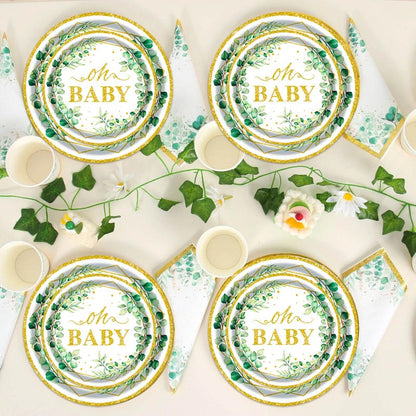 Sage Greenery Baby Shower Plates and Napkins Tableware Set - 175pcs Gender Neutral Baby Shower Decorations Oh Baby Party Supplies, Disposable Paper Plates Napkins for Baby Girl Boy Shower Decorations