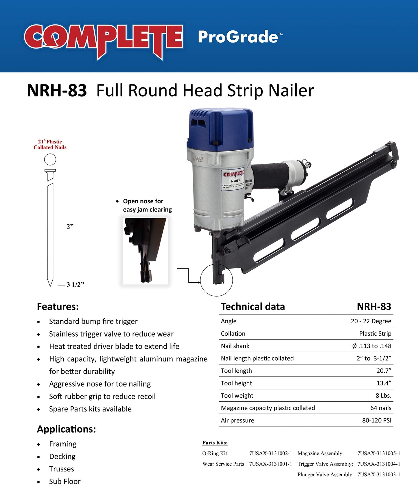 Complete NRH83 20 to 22 Degree Framing Nailer 2" to 3-1/2" without depth adjustment SIM NR83A5 NR83A3 NR83A, suitable for Framing, Decking, Trusses and Sub-Floor