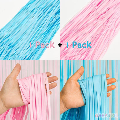Pink and Blue Party Photo Backdrop - GREATRIL Foil Fringe Tinsel Streamers for Gender Reveal/Pastel/Easter/Birthdays Party Decorations - 3.2ft X 8.2ft - 2 Packs