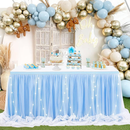 Baby Blue Tulle Table Skirts for Boy Birthday Party 14ft Baby Blue Tutu Table Cloths for Baby Shower Dessert Cake Table Decor