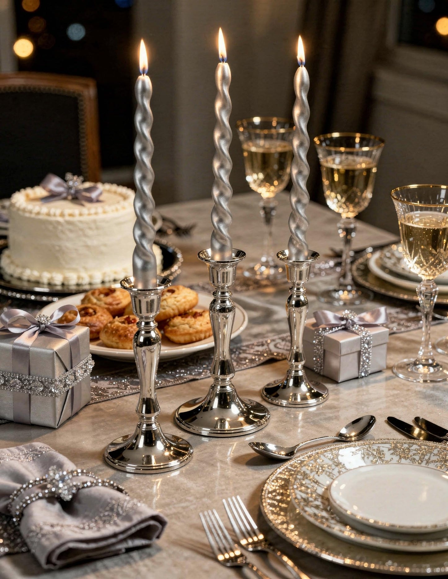 Viyffo Spiral Taper Candles 12 Inch – 4 Pack Silver, Dripless, Unscented, Smokeless – 9 Hour Burn – Tall Candlesticks for Wedding, Dinner, Holiday, Party, Home Decor