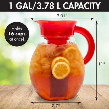 Primula The Big Iced Tea Maker Tritan Plastic Infusion Beverage Pitcher with Leak Proof, Airtight Lid, Fine Mesh Resuable Filter, Manufactured without PFOA, Dishwasher Safe, 1-Gallon, Red