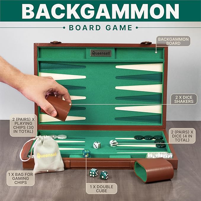 Premium 15 Inch Backgammon Set for Adults – Classic Faux Suede Leather Backgammon Board with 32 Chips Dice Cups &amp Doubling Cube