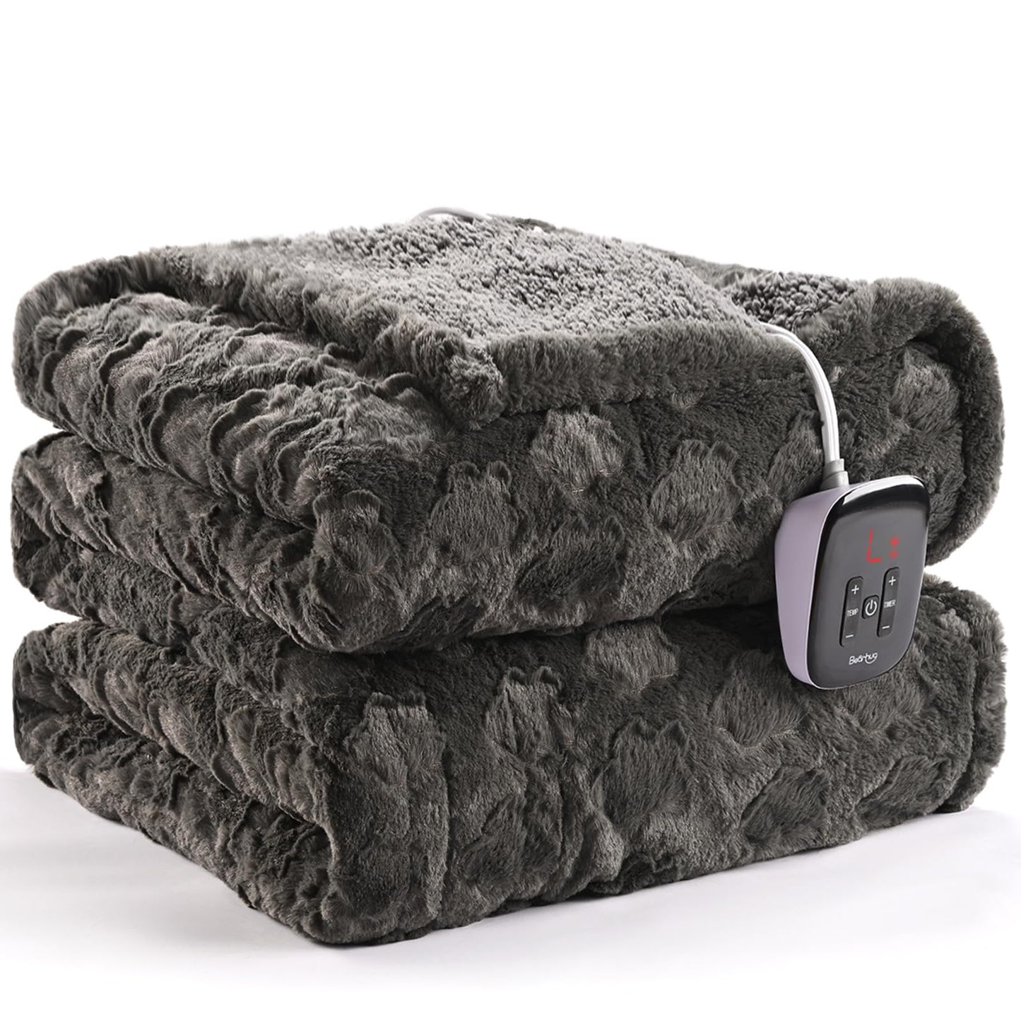 Bearhug Electric Blanket King Size 100" x 90", Dual Controller Heated Blanket, White Flower Patterns Faux Fur & Warm Sherpa, 10-Heat Levels & 1-12H Auto Off,ETL, Machine Washable