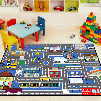 Car Rugs for Kids Toy Cars - Car Track Carpet Blue Road Rug for Kids, Car Traffic Road Play Mat for Room Bedroom Decor, 4'×5'