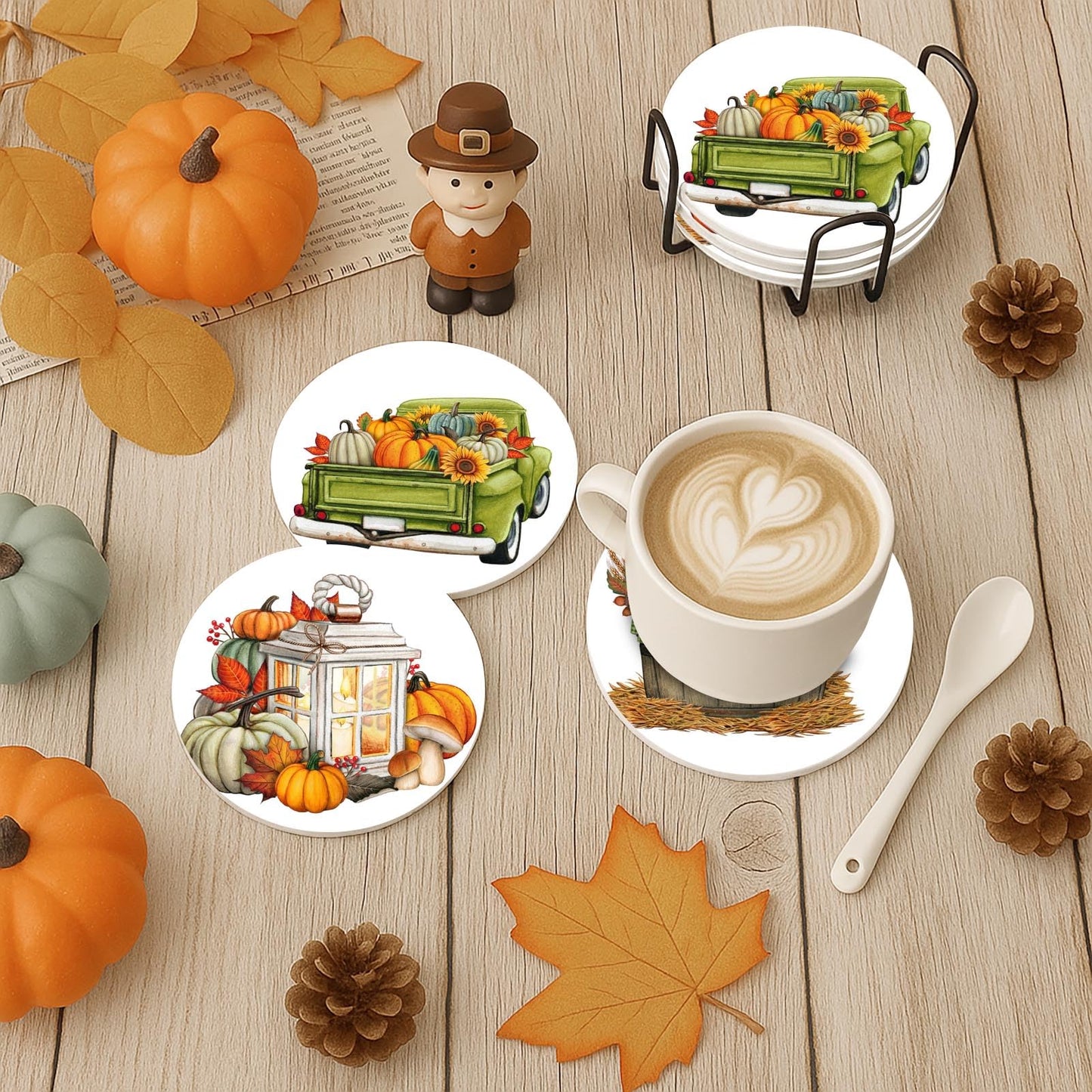 Britimes Coaster for Drinks Set of 6, Fall Leaf Thanksgiving Autumn Pumpkin Absorbent Round Ceramic Stone Mat, with Cork Base and Metal Holder, Gift for Housewarming Room Bar Decor