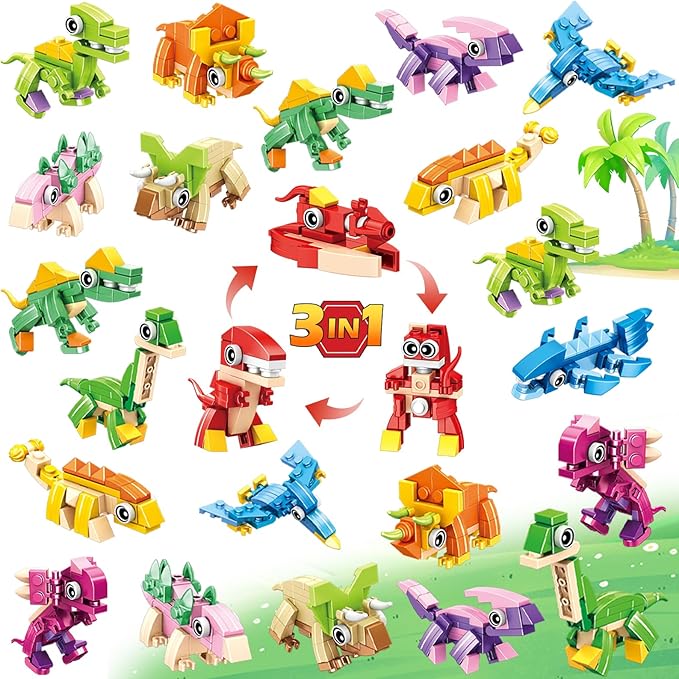 24 Pack Easter Party Favors for Kids 3-in-1 Dinosaur Building Block Toys Kids Classroom Gifts Stocking Stuffers Goodie Bag Stuffers Classroom Rewards Birthday for Boys Girls Ages 6-12