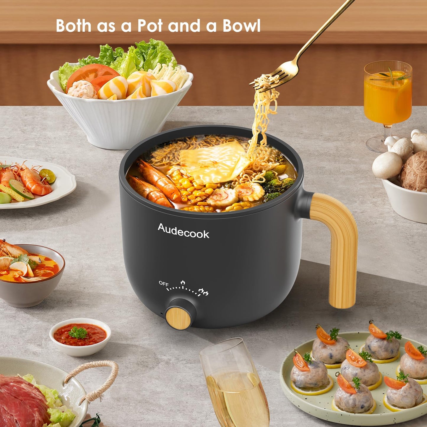 Audecook Hot Pot Electric with Steamer, 1.5L Portable Nonstick Rapid Noodles Cooker, Travel Electric Skillet with Dual Power Control for Pasta/Soup/Steak/Egg/Oatmeal(Black)