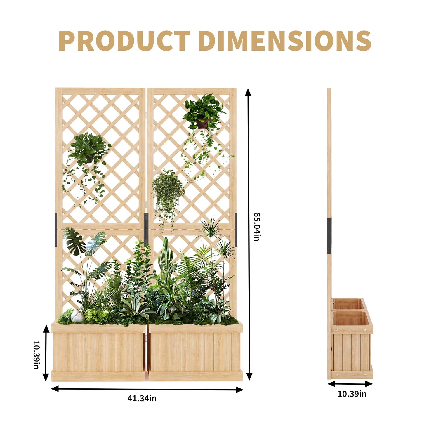 Cedar Privacy Screen with Planter Box - 2-Panel Freestanding Garden Fence, 41 in x10 in x65 in Tall Outdoor Divider with Drain Holes & Raised Bed for Patio, Deck & Backyard (Natural Wood)