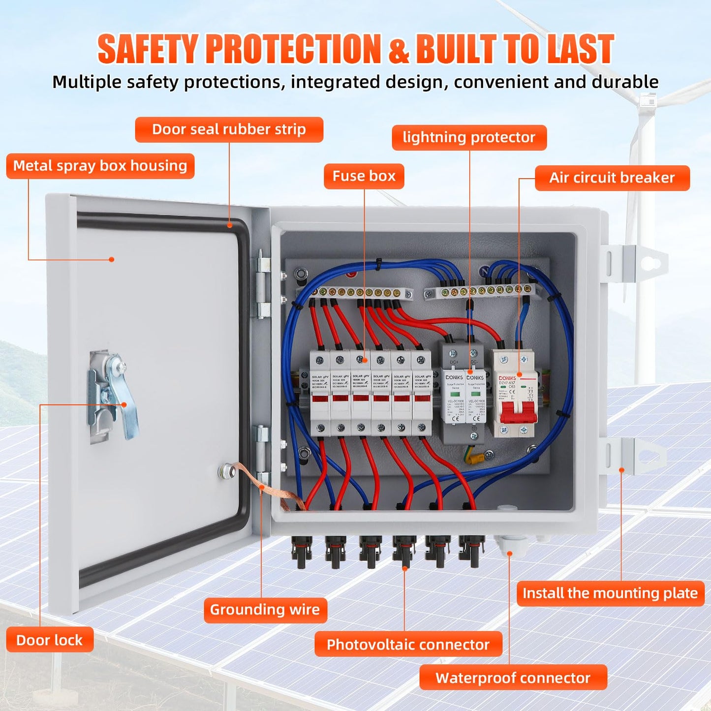 Doniks 6 String Metal Solar Combiner Box, IP65 Waterproof PV Combiner Box with 20A Rated Current Fuse, 63A Air Circuit Breaker,Lightning Arrester, Metal Box for On/Off Grid Solar Panel System