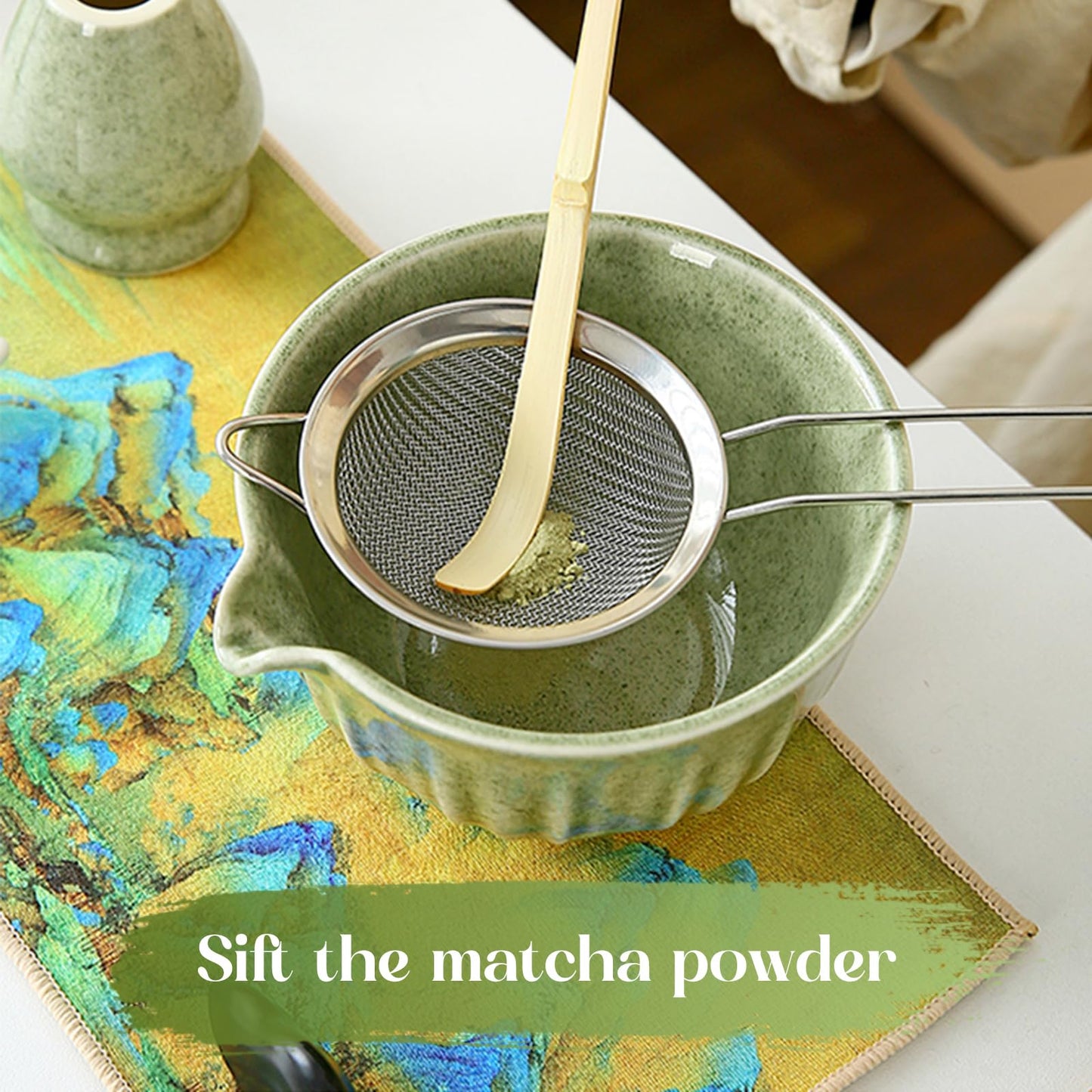 Matcha Whisk Set, 8 Pcs Matcha Kit Includes Matcha Bowl with Spout, Bamboo Whisk, Ceramic Holder, Bamboo Scoop x2, Scoop Rest, Stainless Sifter and Tea Towel, Gift for Matcha Lover
