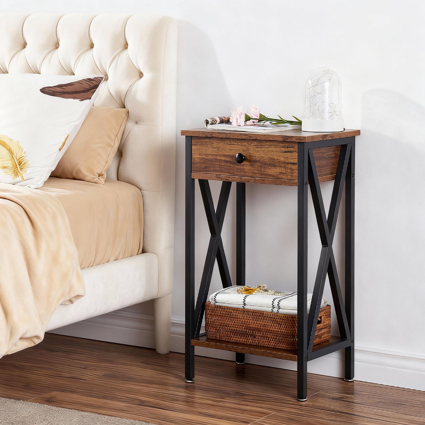 VECELO Tall End Side Tables,27 Inch Night Stand with U-Shape Basket and Storage Drawer/Shelf for Living Room/Bedroom/Small Spaces,Set of 2,Brown
