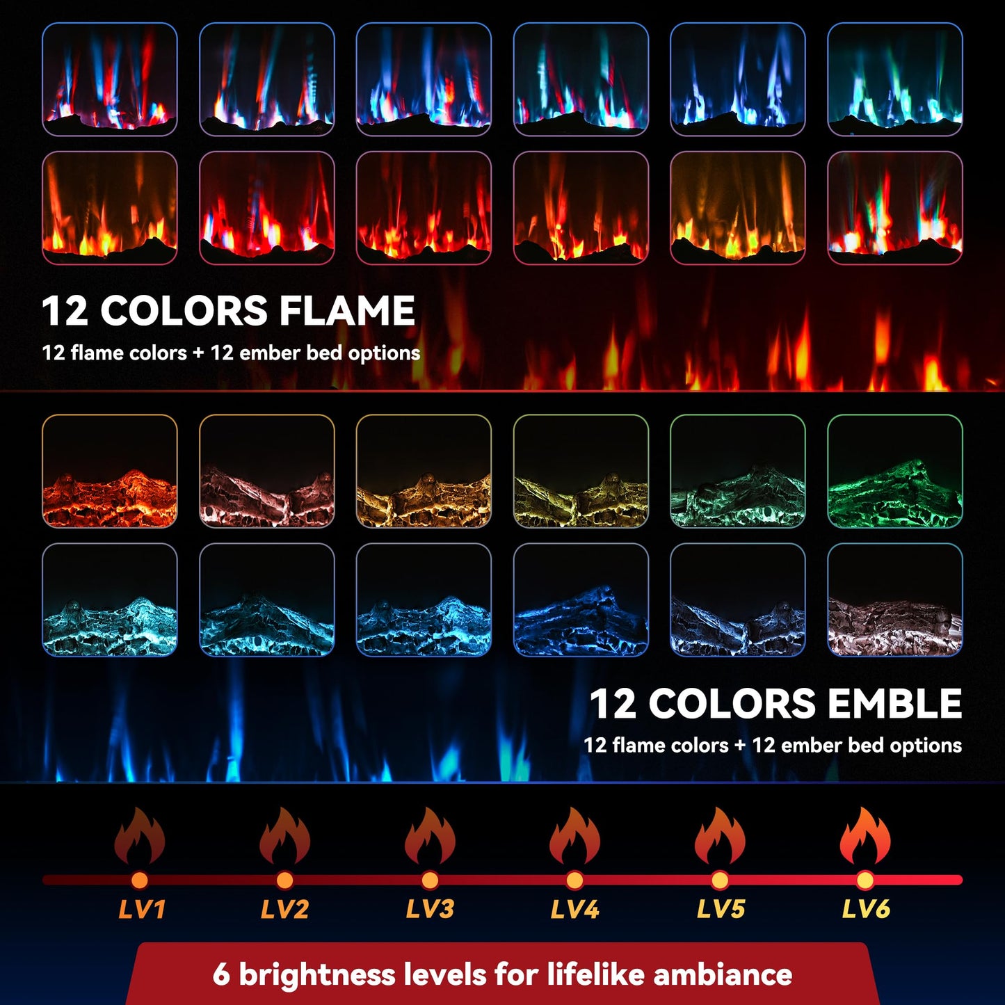 Manastin 50 inch Electric Fireplace in-Wall Recessed and Wall Mounted with Remote Control, 1500/750W Fireplace Heater (60-99°F Thermostat) with 12 Adjustable Color, Timer, Log and Crystal