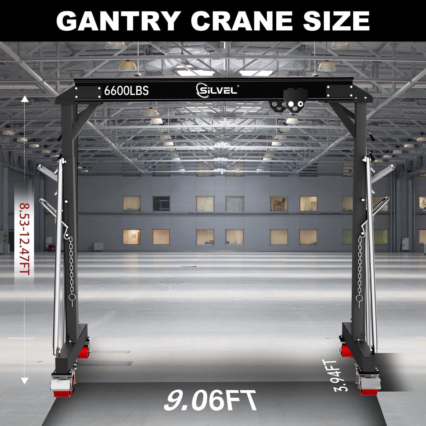 SILVEL 3 Ton Gantry Crane, Max 6600Lbs 8.53FT Maximum Working Width, Adjustable Height 8.53-12.47FT, Portable Shop Lift Hoist with 3 Ton Manual Trolley for Factories, Warehouses, Garage,Black