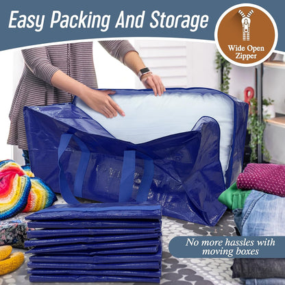 Skiennix Extra Heavy Duty Moving Bags - Large Storage Totes with Strong Zipper & Comfortable Handles | 6 Pack, Blue