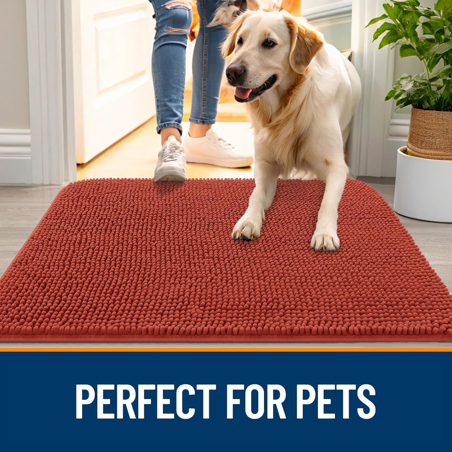 OLANLY Dog Door Mat - Absorbent Non-Slip Mud Mat for Indoor Use | 35x24, Quick Dry Chenille, Maple Red