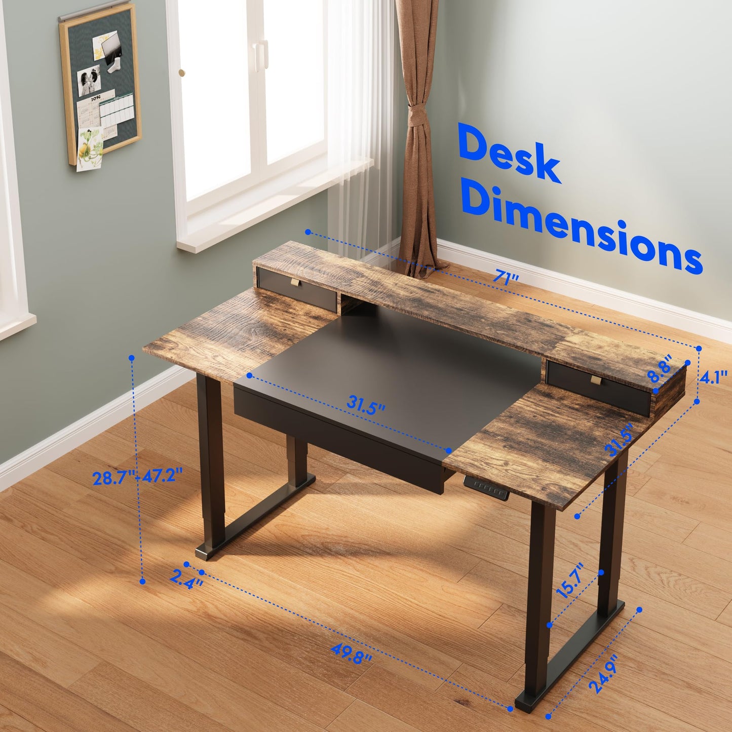 FLEXISPOT 4-Leg Standing Desk with Storage 71x32 in Electric Adjustable Height with 3 Drawers & Shelving Home Office Workstation (Black + Special Walnut Top)