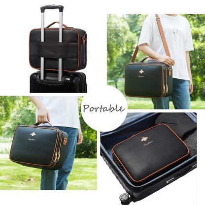 EKERHO Large Travel Makeup bag, Leather Artist Makeup Train Case Cosmetic Storage Organizer Box with Adjustable Dividers for Makeup Brushes Toiletry - Black