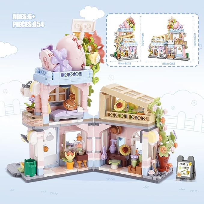 Street View Flower House Shop Mini Building Blocks MOC Creative Building Toys Cute Panda Building Set for Girls 6-12 Simulation Architecture Construction Toy Gift Idea for Kids Adults (854 PCS)