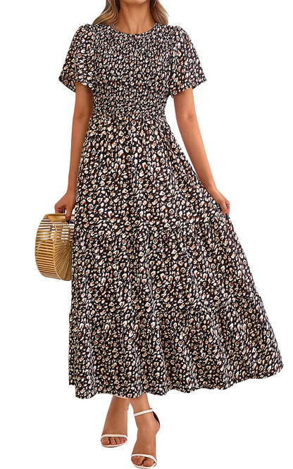 PRETTYGARDEN Women's 2025 Summer Casual Flutter Short Sleeve Boho Floral Maxi Dress Crew Neck Smocked Tiered Long Dresses