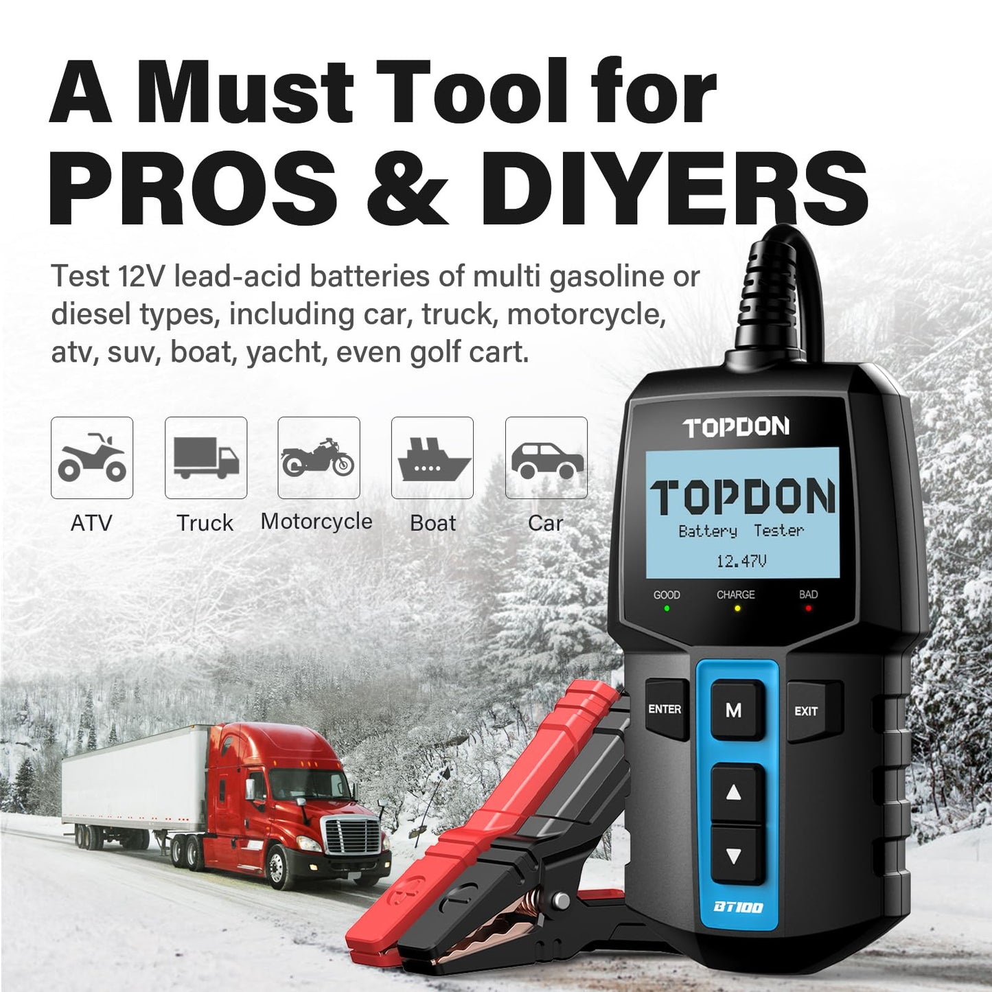 TOPDON BT100 Car Battery Tester 12V Load Tester, 100-2000 CCA Automotive Alternator Tester Digital Auto Battery Analyzer Charging Cranking System Tester for Car Truck Motorcycle ATV SUV Boat Yacht