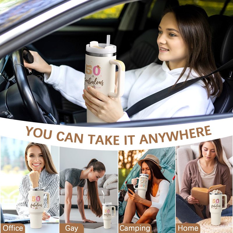 Gtmileo 50th Birthday Gifts for Her Women, 1975 Birthday Gift For Women 40oz Tumbler with Handle, 50 Year Old Birthday Gifts for Women, Cool Gifts for 50th Birthday Woman for Friends Family, Beige