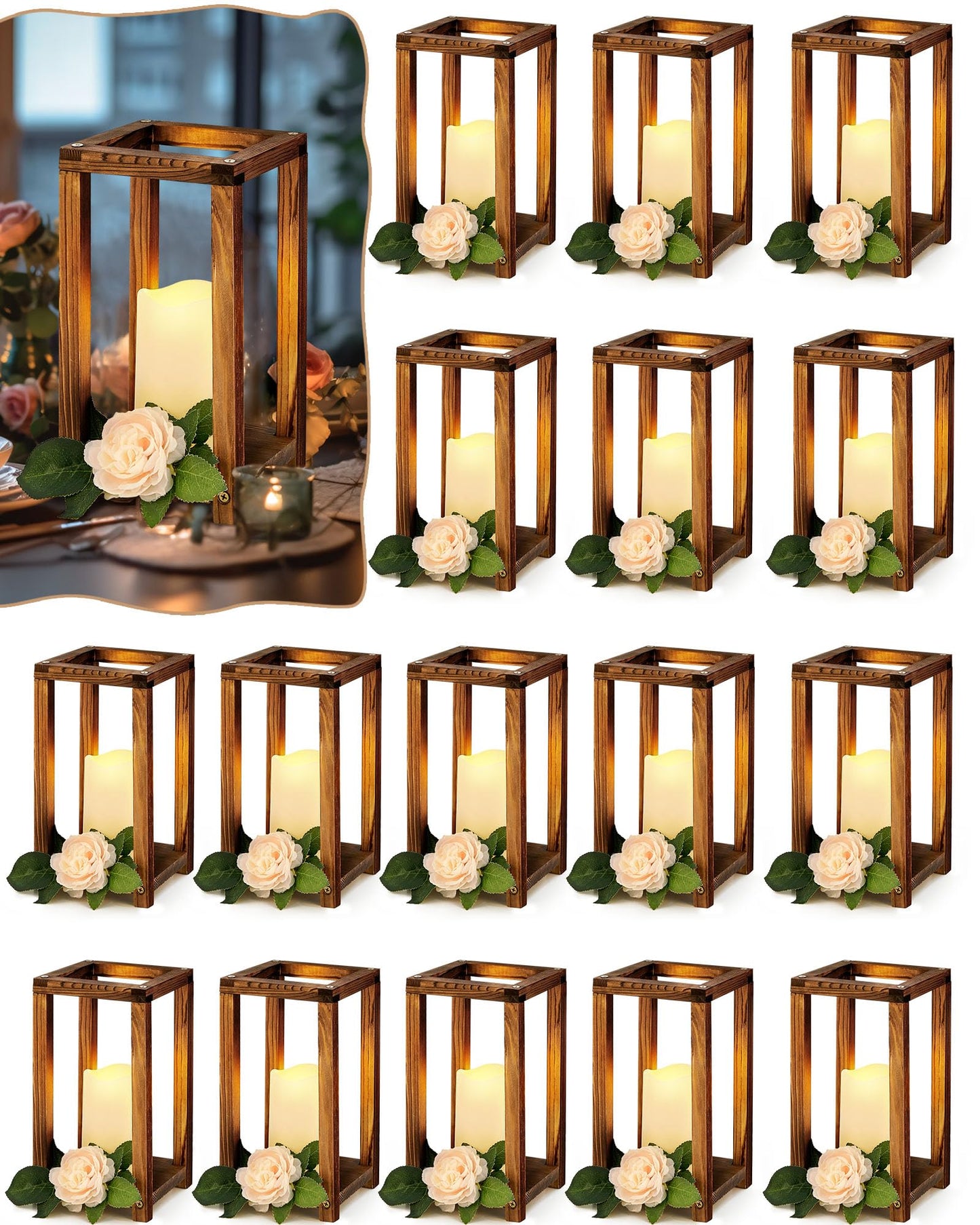 Huquary 32 Pcs/16 Set Wooden Wedding Lantern Centerpiece Include Farmhouse Candle Holders and Flameless LED Candles for Rustic Wedding Table Decoration