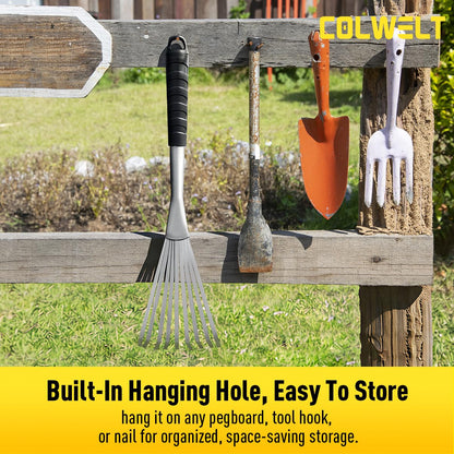 Colwelt Hand Rake 16.5", Small Rake for Gardening with 9 Resilient Flat Tines, Metal Mini Rake with Hanging Hole for Storage, Hand Fan Rake for Leaves, Loosening Soil, Spreading Mulch, Flower Beds