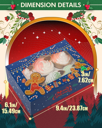 qiqee Christmas 6 Cupcake Boxes with Window 30 Packs Cupcake Box 9.4x6.1x3 inch Bakery Boxes For Cupcakes Carrier, Cupcake Containers