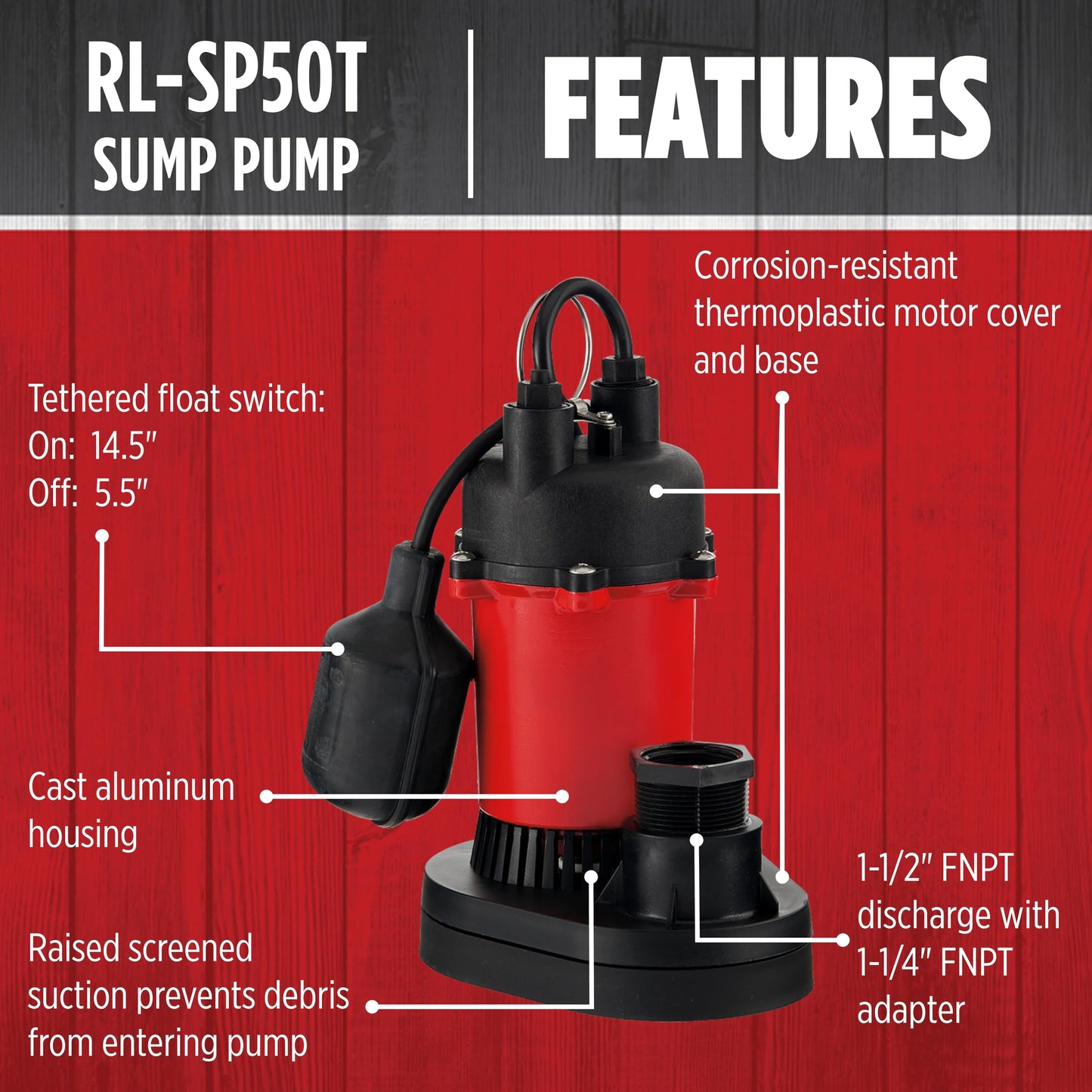 Red Lion RL-SP50T 115-Volt, 1/2 HP, 3600 GPH Aluminum and Thermoplastic Sump Pump with Tethered Switch and 8-Ft. Cord, Red, 14942742