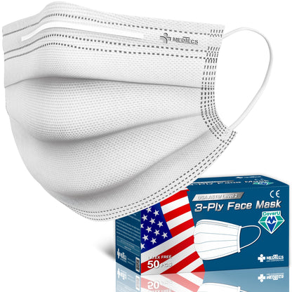 Medtecs Face Mask Disposable - 50/2000 PCS - Comfortable 3 Layer Breathable Mask, The Better Protection and Health Choice - CoverU ASTM Level 1 Adult Mask - 50 PCS - White (USA)